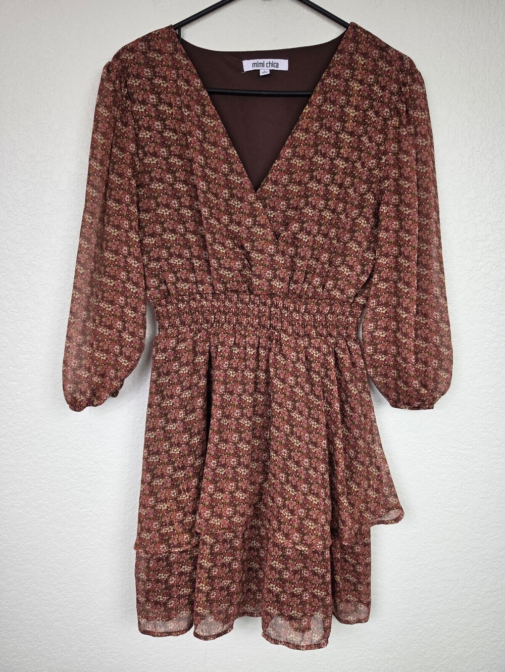 Mimi Chica Brown Floral Metallic Detail Dress Size Large